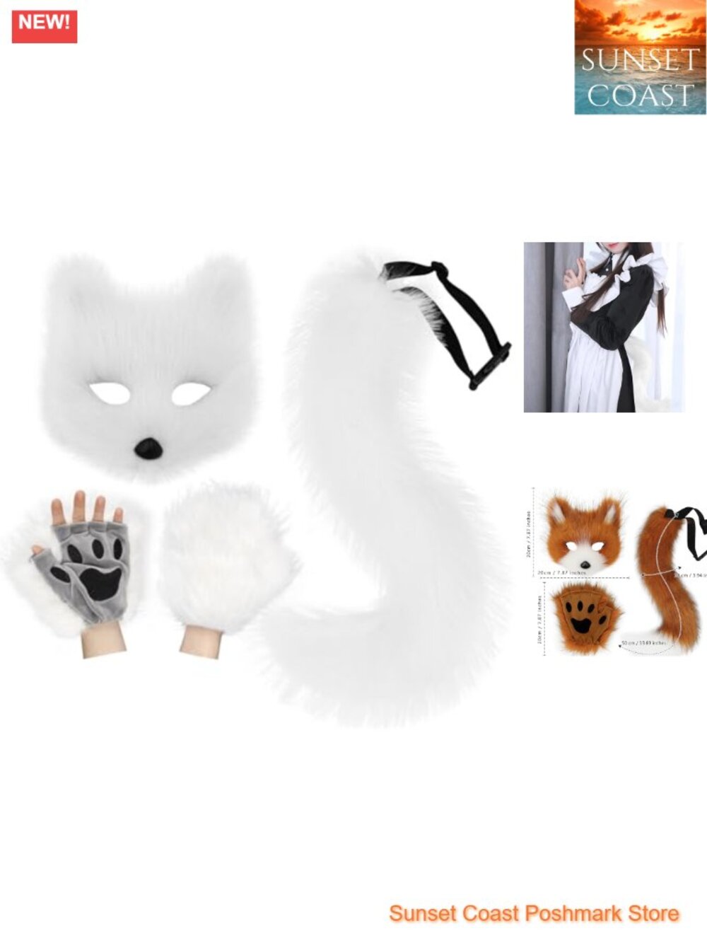 Faux Fur Fox Tail Cat Mask and Paw Gloves Set Adult Halloween Costume Accessory